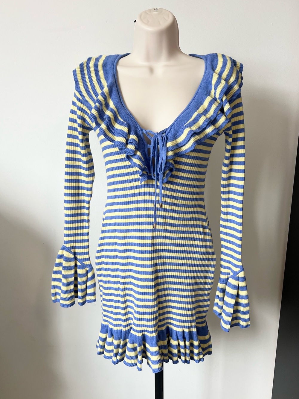 Free People Striped Ruffle Ribbed Knit Mini Dress V Neck Blue Yellow